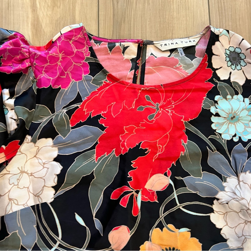 Trina Turk Floral Silk Blouse - Red, Black, and White / L - Picture 2 of 5